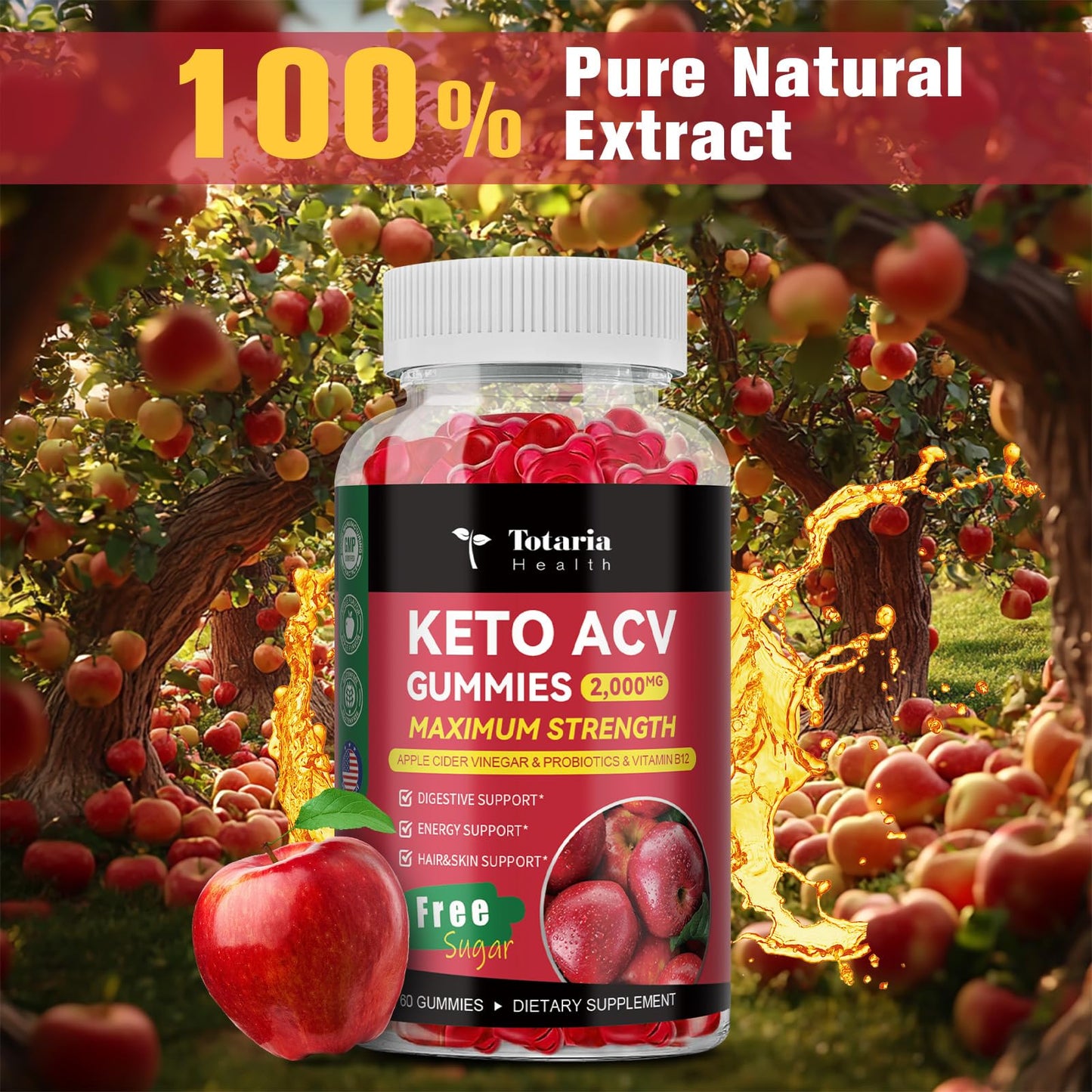 Totaria Keto ACV Gummies - 2000mg Apple Cider Vinegar Gummies Sugar-Free Support Stature Health with Probiotics, B12, BHB, Keto Supplements for Women & Men 60 Gummies