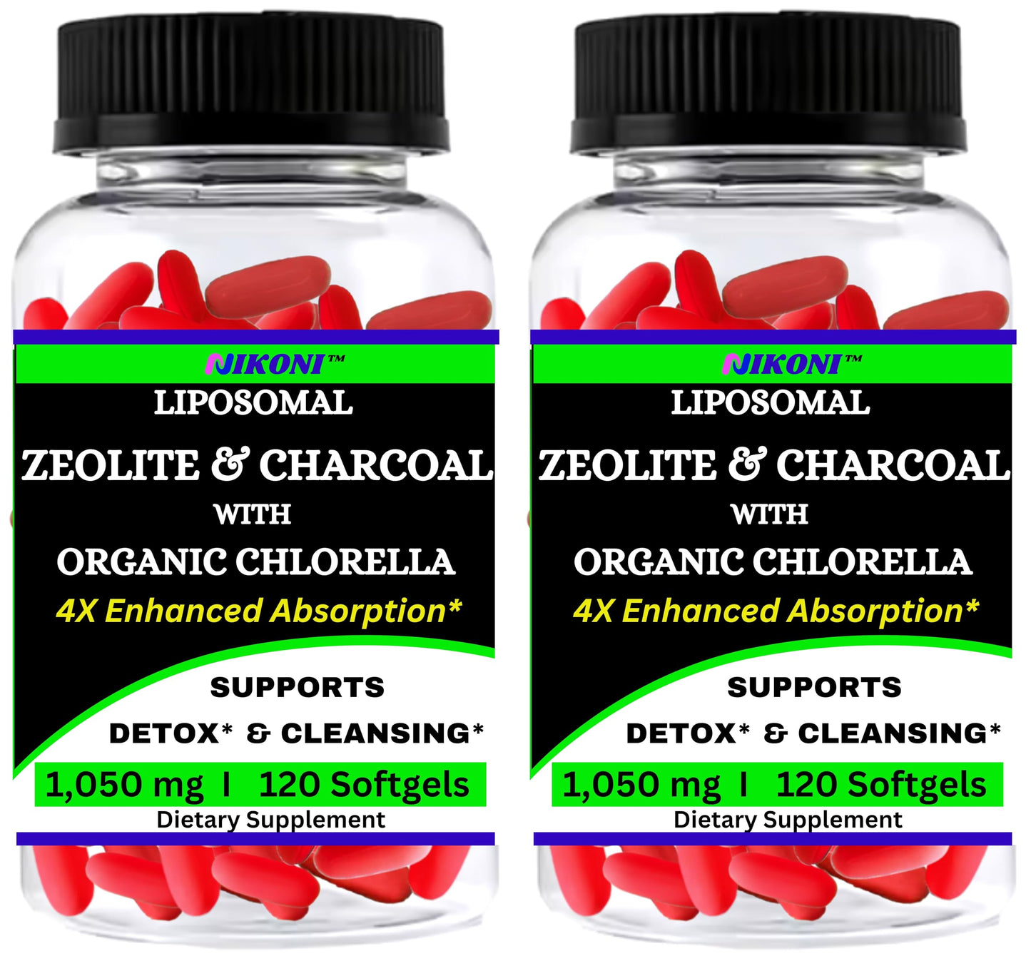 Nikoni Liposomal Zeolite, Activated Charcoal & Organic Chlorella, Supports Full Body Detox (240 Softgels)