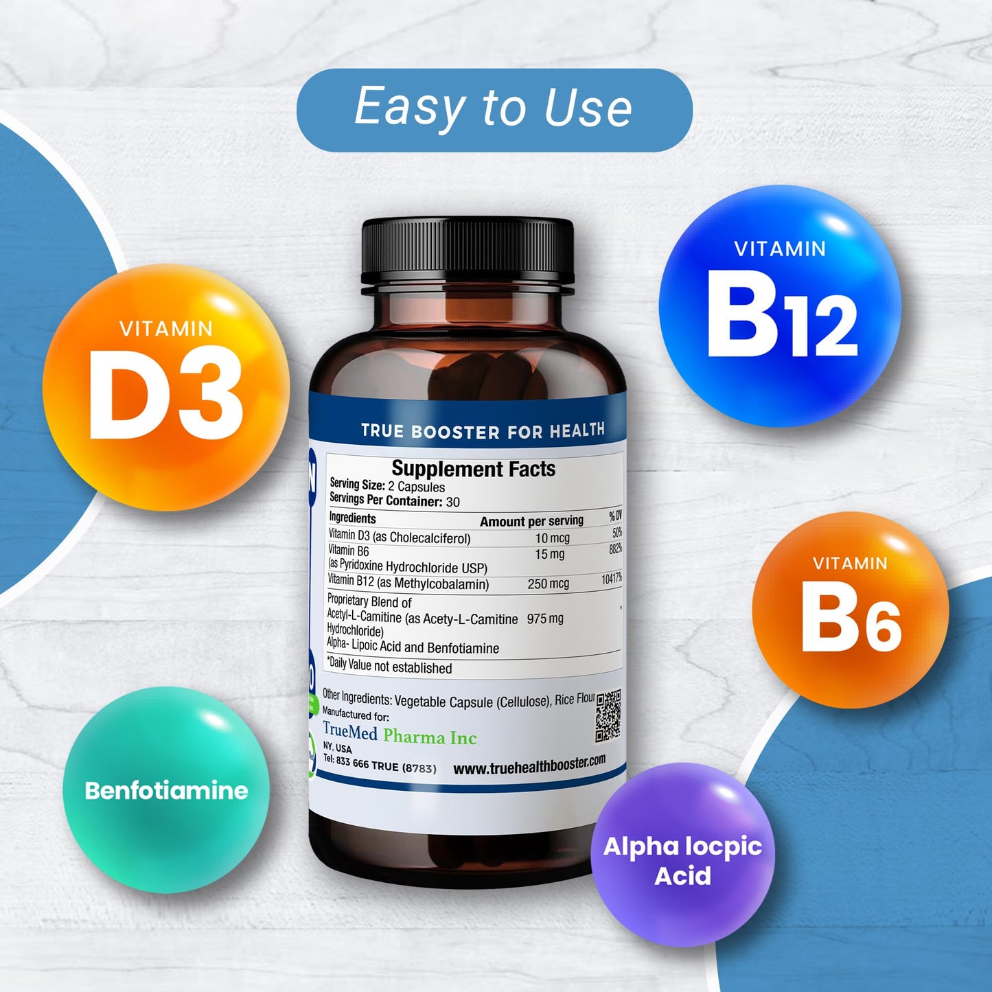 TRUEMED Neuropathy Support Neuro and Nerve Health Supplement with Vitamin D3, B6, B12, Acetyl-L-Carnitine, Alpha-Lipoic Acid, and Benfotiamine Supports Feet Nerve Function 60 Vegetable Capsules
