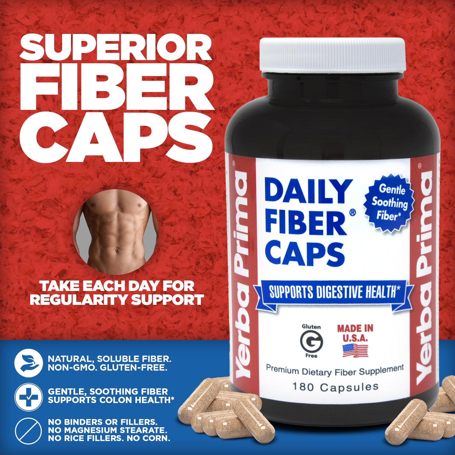Yerba Prima Daily Fiber Caps - 180 Capsules, (Pack of 4) - Soluble & Insoluble Dietary Fiber Supplement - Colon Cleanse - Gut Health - Vegan, Non-GMO, Gluten-Free