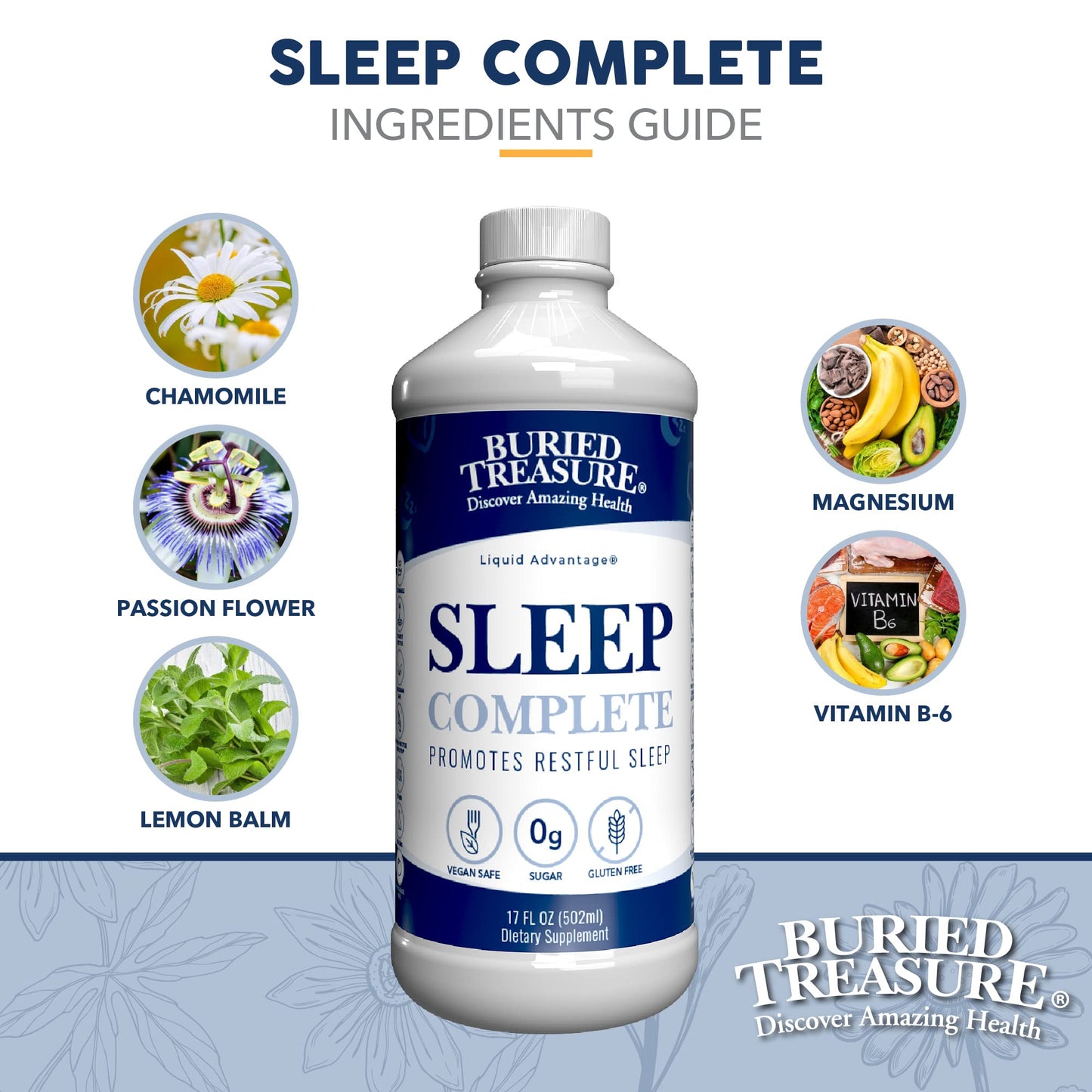 Buried Treasure Sleep Complete Promotes Restful Sleep with Chamomile Passion Flower Lemon Balm Melatonin Herbal Whole Food Complex 16 oz