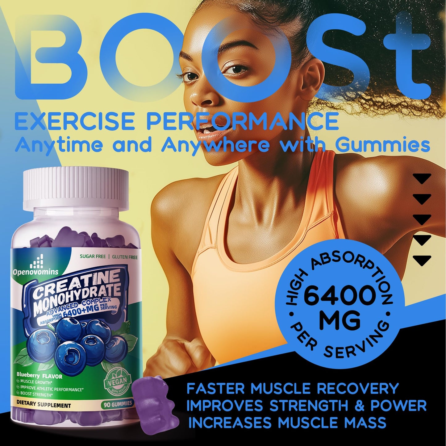 Creatine Monohydrate Gummies Complex for Men & Women -Advanced Formula W/L-Taurine + Vitamin B12, Sugar Free Chewable Supplement,90 Blueberry Gummies