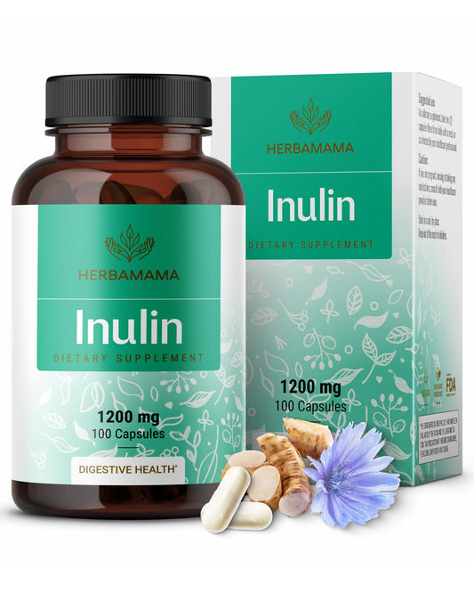 HERBAMAMA Inulin Powder Capsules - 1200mg Inulin Prebiotic Fiber for Digestive Support & Gut Cleanse - Vegan, Non-GMO Chicory Root Powder Supplement, 100 Caps