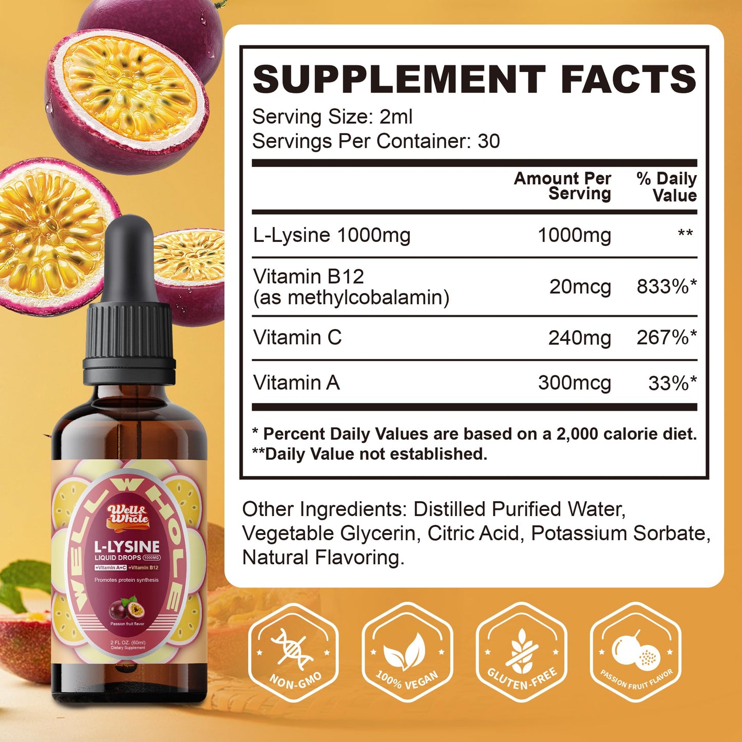 L-Lysine Supplement Liquid Drops | L-Lysine 1000mg Tincture with Vitamin A, C, and B12 for Adults & Kids | Immune Support, Skin & Lips Health, Collagen Synthesis | Non-GMO, Vegan, 2 Fl Oz (60 ML)