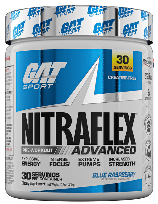 GAT SPORT Nitraflex Advanced Pre-Workout Powder, Increases Blood Flow, Boosts Strength and Energy, Improves Exercise Performance, (Blue Raspberry, 30 Servings)