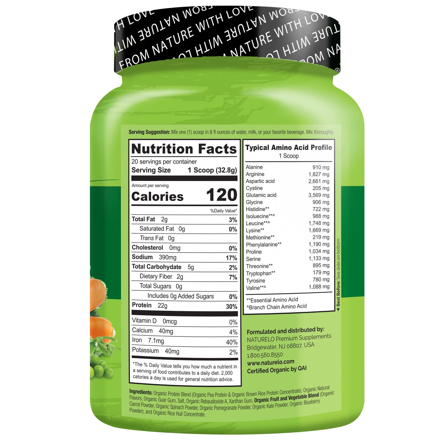 NATURELO Plant Protein Powder, Vanilla, 22g Protein - Non-GMO, Vegan, No Gluten, Dairy, or Soy - No Artificial Flavors, Synthetic Coloring, Preservatives, or Additives - 20 Servings