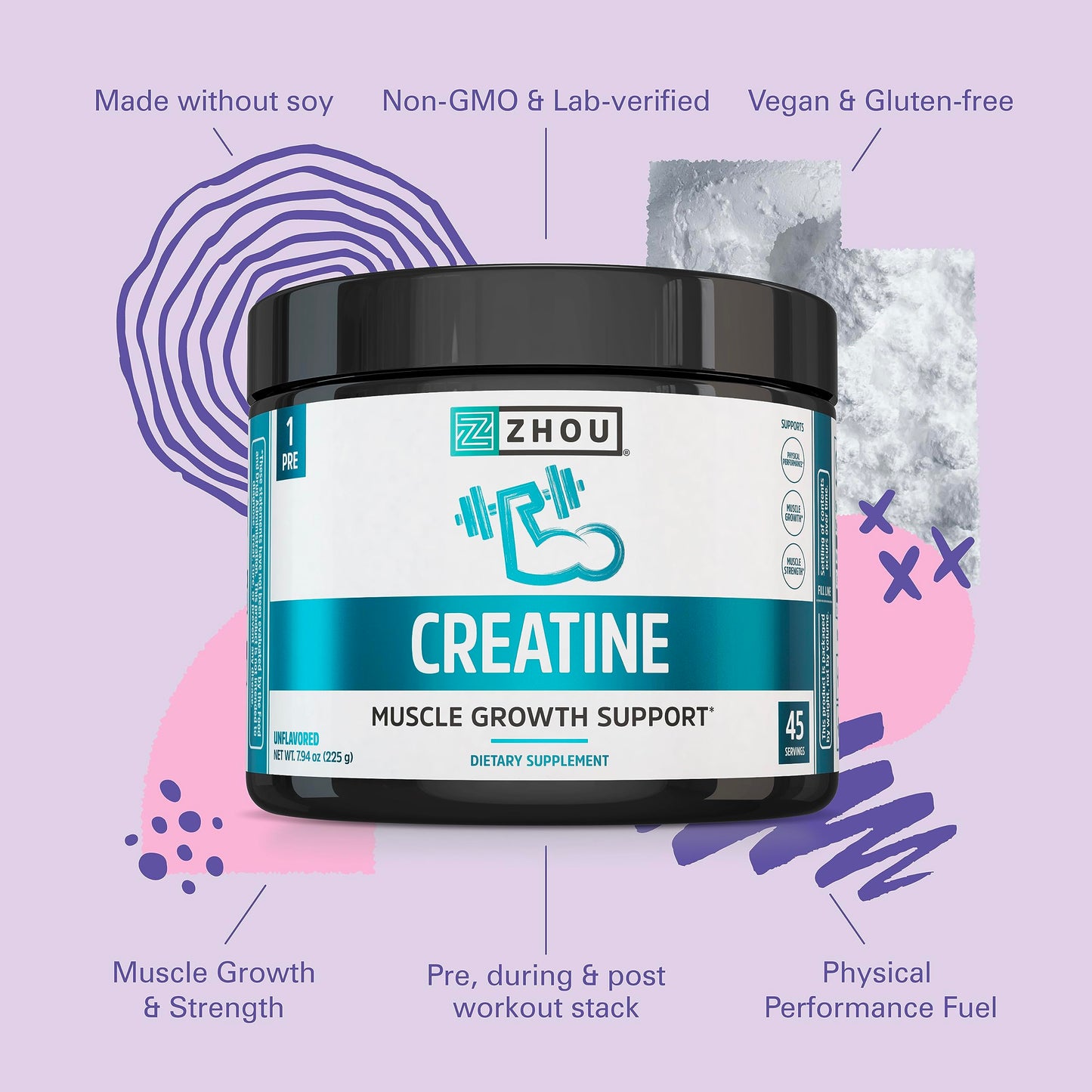 Zhou Nutrition Creatine Monohydrate Powder, Pure Unflavored Creatine Powder, Workout Recovery, Physical Performance Support, Vegan, Non-GMO, Gluten Free, Made Without Soy, 45 Servings