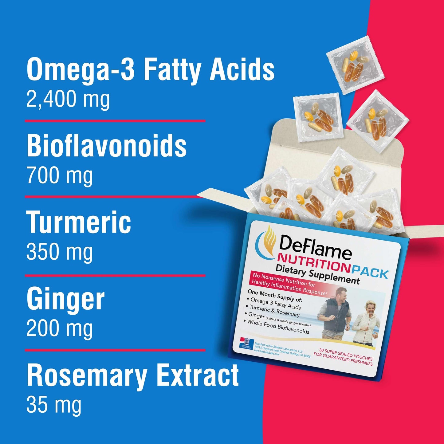 DeFlame Nutrition Pack Supplement - 30 Daily Multivitamin Packs - Omega 3 Fish Oil with EPA and DHA, Rosemary, Bioflavonoids, Ginger, Curcumin Turmeric Supplement