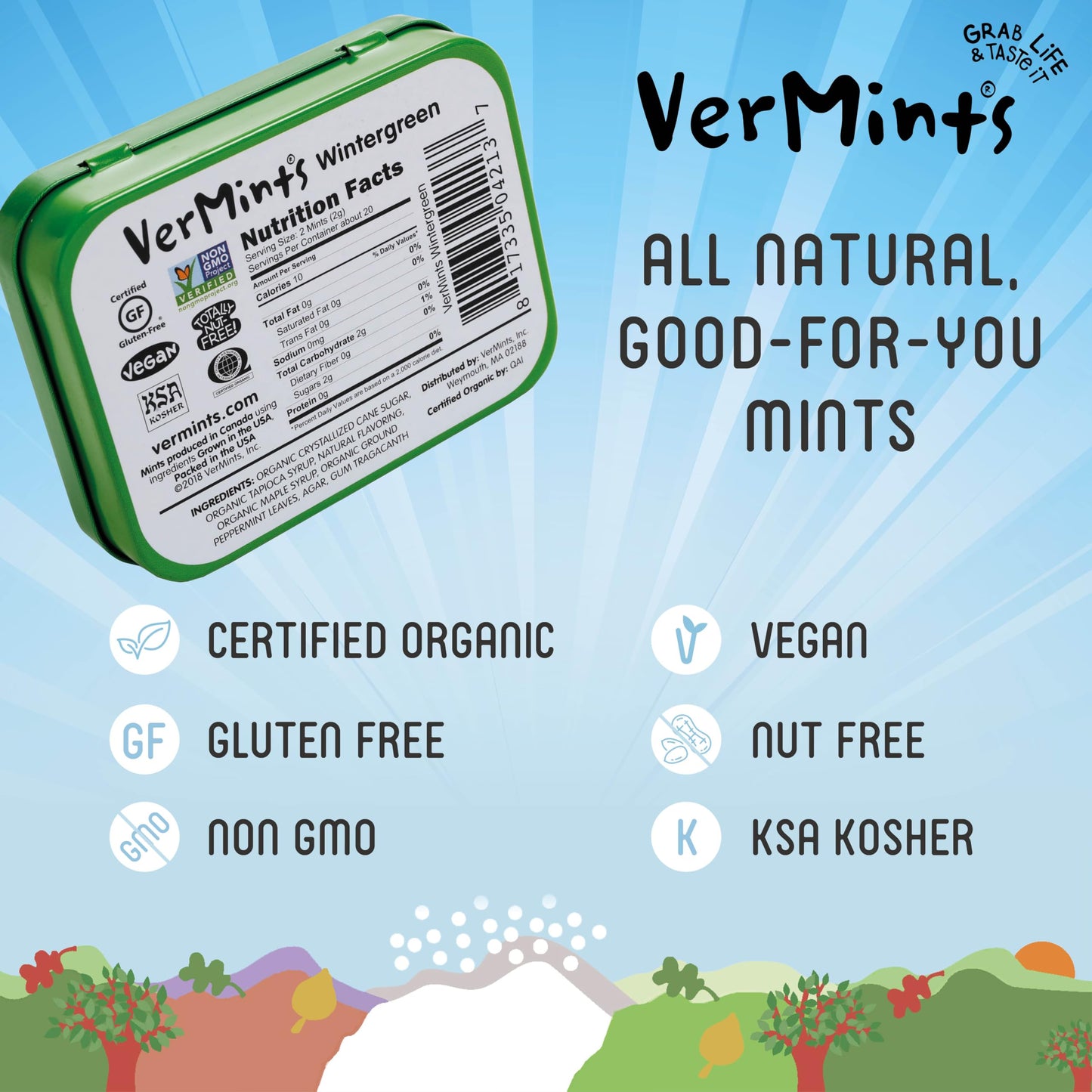 Organic Breath Mints by VerMints Wintergreen Flavor All Natural NonGMO Nut Free Gluten Free Vegan KSA Kosher Pack of 6 141oz Tins