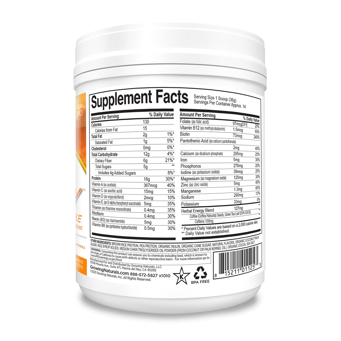Growing Naturals All Natural Plant Based Protein, One & Done Super Shake, 18g Protein with Non-GMO High Fiber and Gluten Free, A.M. Energy 1 Pound (Pack of 1)