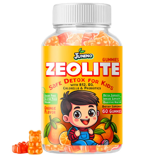 Juneno Zeolite Kids Detox Gummies - Total Body Cleanse Micronized Chewables Supplement with Chlorella - Orange Flavor Vegan Non-GMO Gluten-Free