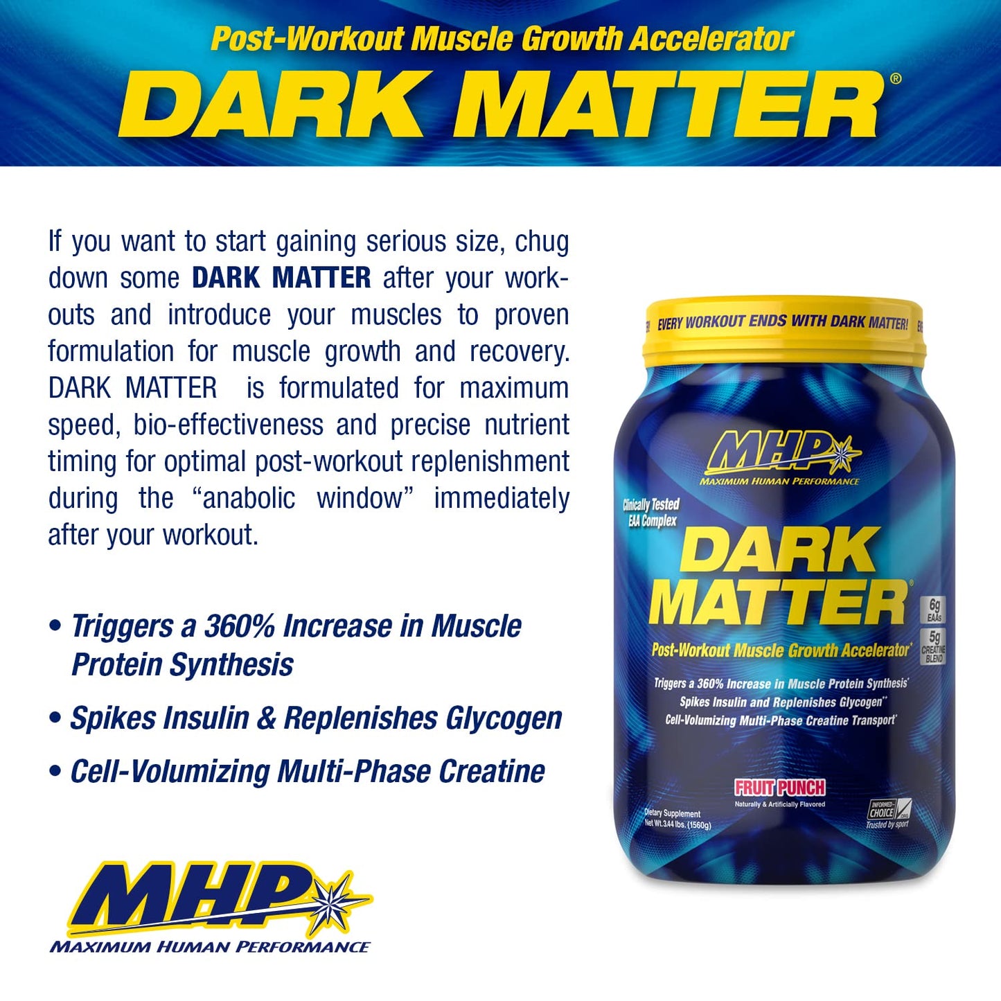 MHP Dark Matter Post Workout, Recovery Accelerator, w/Multi Phase Creatine, Waxy Maize Carbohydrate, 6g EAAs, Fruit Punch, 20 Servings, 55 Oz