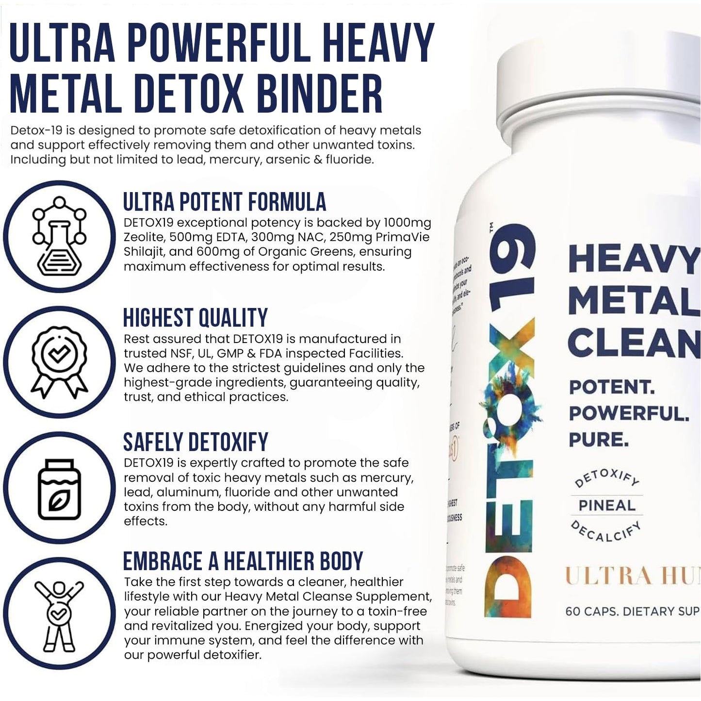 Ultra Human Heavy Metal Detox - Zeolite Detox Capsules, Natural Energy and Immune System, Supports Daily Detox and Optimal pH, Max Absorption Alkaline Capsules, Easy to Take (60 Capsules)