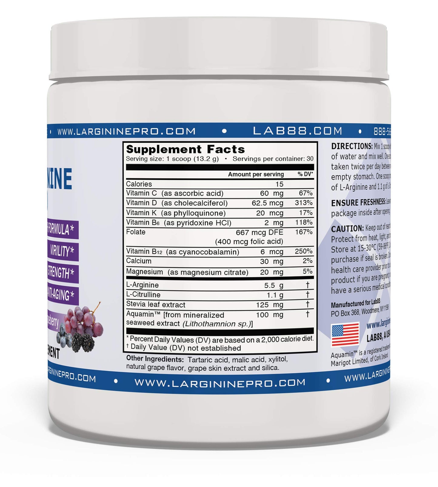 L-ARGININE PRO | 5,500mg L-Arginine Plus L-Citrulline 1,100mg Powder Drink Mix Supplement for Increased Nitric Oxide Production (30 Servings (Pack of 3), Rspberry, Orange & Grape)