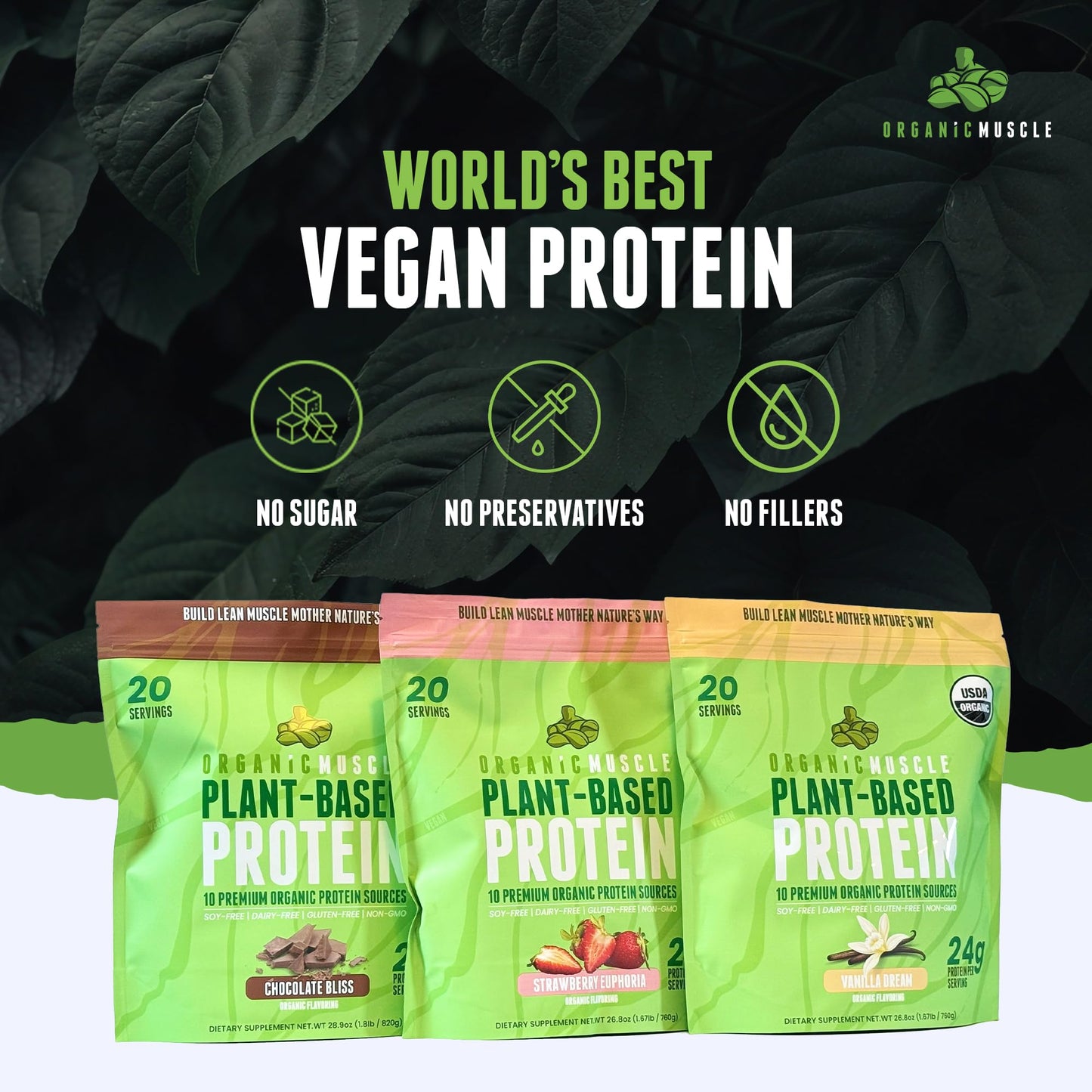 Organic Muscle Vegan Protein Powder - Plant Based Strawberry Multi-Sourced Protein Powder with Pea, Hemp, Brown Rice, Chia Seed & Amino Acids - Low Calorie for Muscle Growth & Speed Recovery