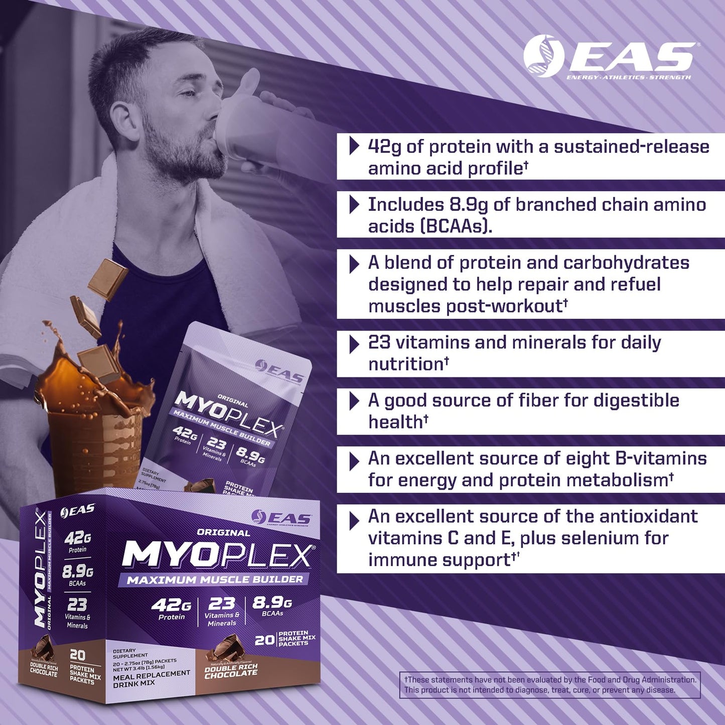 EAS Original Myoplex Maximum Muscle Builder, Meal Replacement Protein Drink Mix | Quality Protein Blend | 42g Protein | 20 Individual Packet (Cinnamon Cereal Crunch)