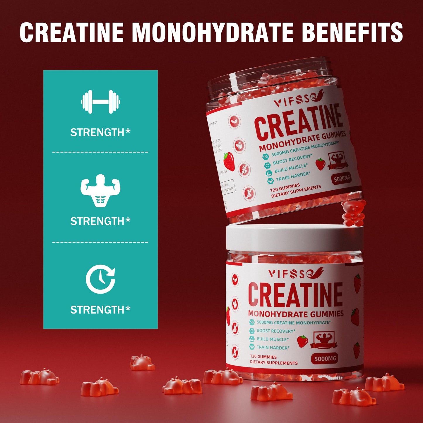 VIFSSG Creatine Monohydrate Gummies 5 g for Men & Women, 120 Sugar Free Gummies with 200 Mg Magnesium Glycinate, 200 Mg L-Threonate for Muscle Support, Energy Boost