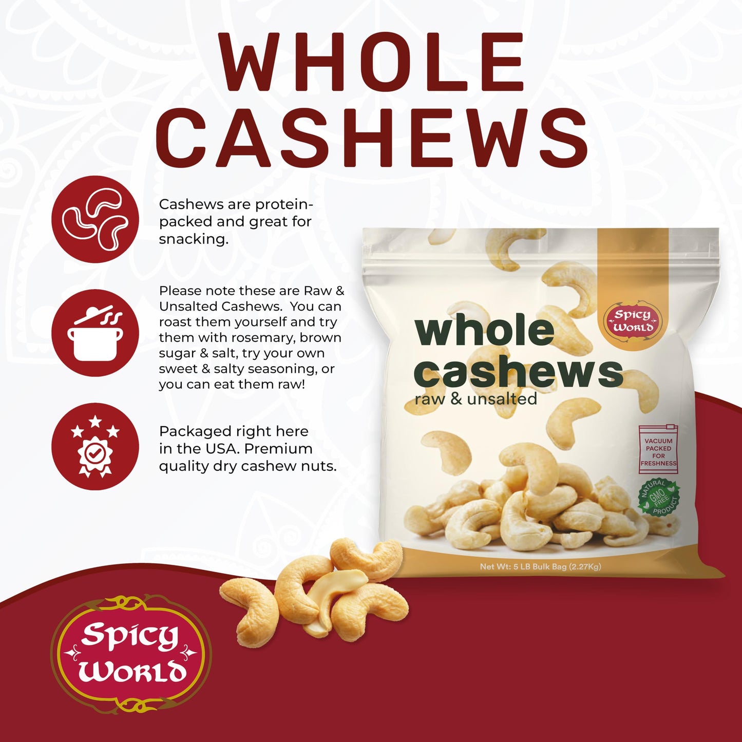 Spicy World Raw Cashews Whole 5 Pound Bulk  Unsalted Natural  Pure No Chemicals