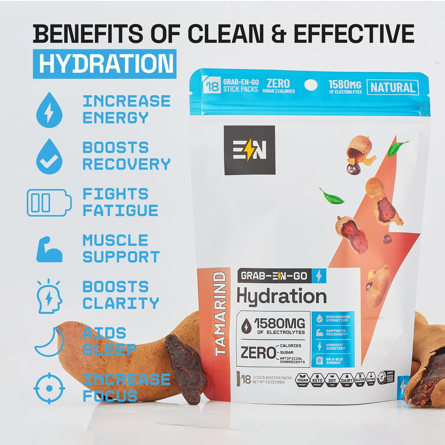 Engineered Nutrition EN, Sugar-Free Electrolytes Powder Packets - Keto Electrolytes Hydration Packets, Single-Serving Electrolytes, Zero Calories, Vegan, Non-GMO, Organic, Gluten-Free, Tamarind 18 CT