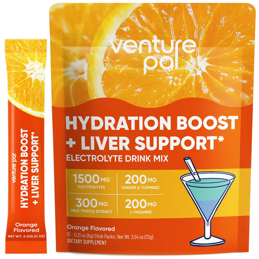 Venture Pal Sugar-Free Hydration Boost + Liver Support - Liquid Daily IV Hydration Packets | Electrolytes Drink Mix with 7 Electrolytes & 5 Vitamins, Milk Thistle | Keto Friendly | Vegan, 12 Sticks