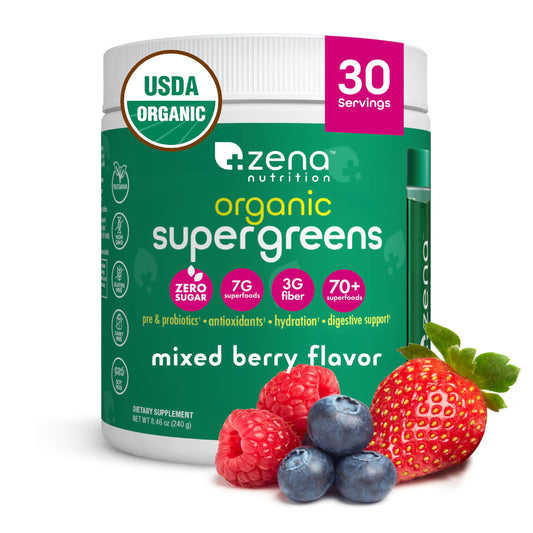 Zena Nutrition Organic Supergreens Powder, 70+ Superfoods, 0 Sugar, 3G Fiber, Spirulina, Chlorella, Antioxidants, Prebiotics/Probiotics, Digestive Enzymes, Mixed Berry, 30 Servings