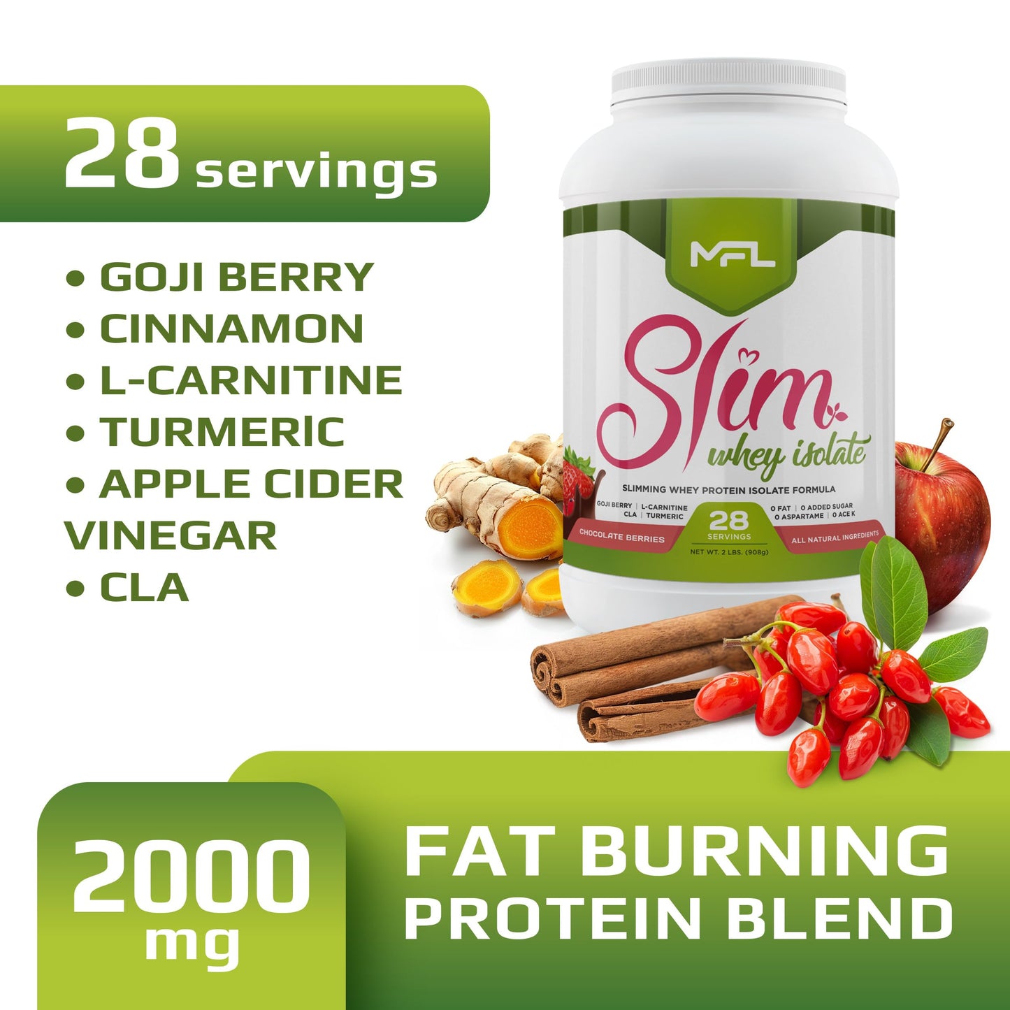 MFL Slim WHEY Protein Powder | 28g Protein | Low Carbs | Slimming Nutritional Shake | Sweetened with Stevia | 2 lbs. (Chocolate Berries)