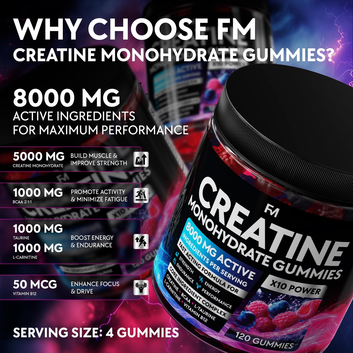 Creatine Monohydrate Gummies Complex 8000 MG for Men & Women, Preworkout Gummy with BCAA, L-Carnitine, Taurine & Vitamin B12 for Muscle Growth, Strength & Energy Support, Flavored and Chewable
