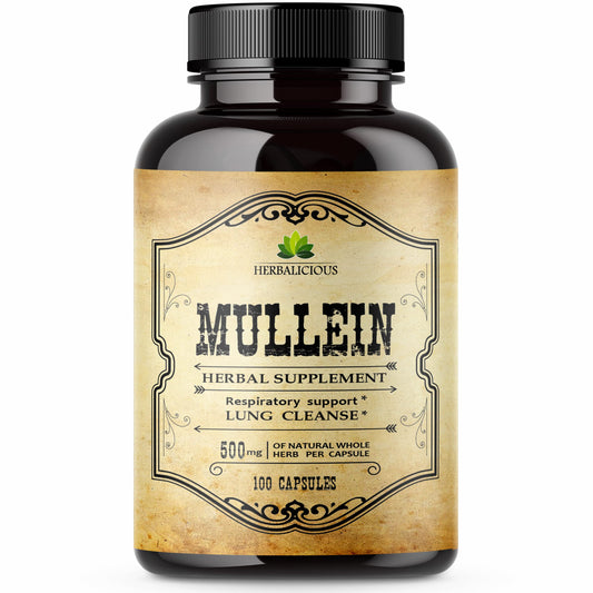 HERBALICIOUS Mullein Leaf Capsules - Verbascum Thapsus Supplement - Herbal Extract Promoting Lung Respiratory & Digestive Wellness - Lung Cleanse & Detox Support Pills - Vegan Non-GMO, 100 Capsules