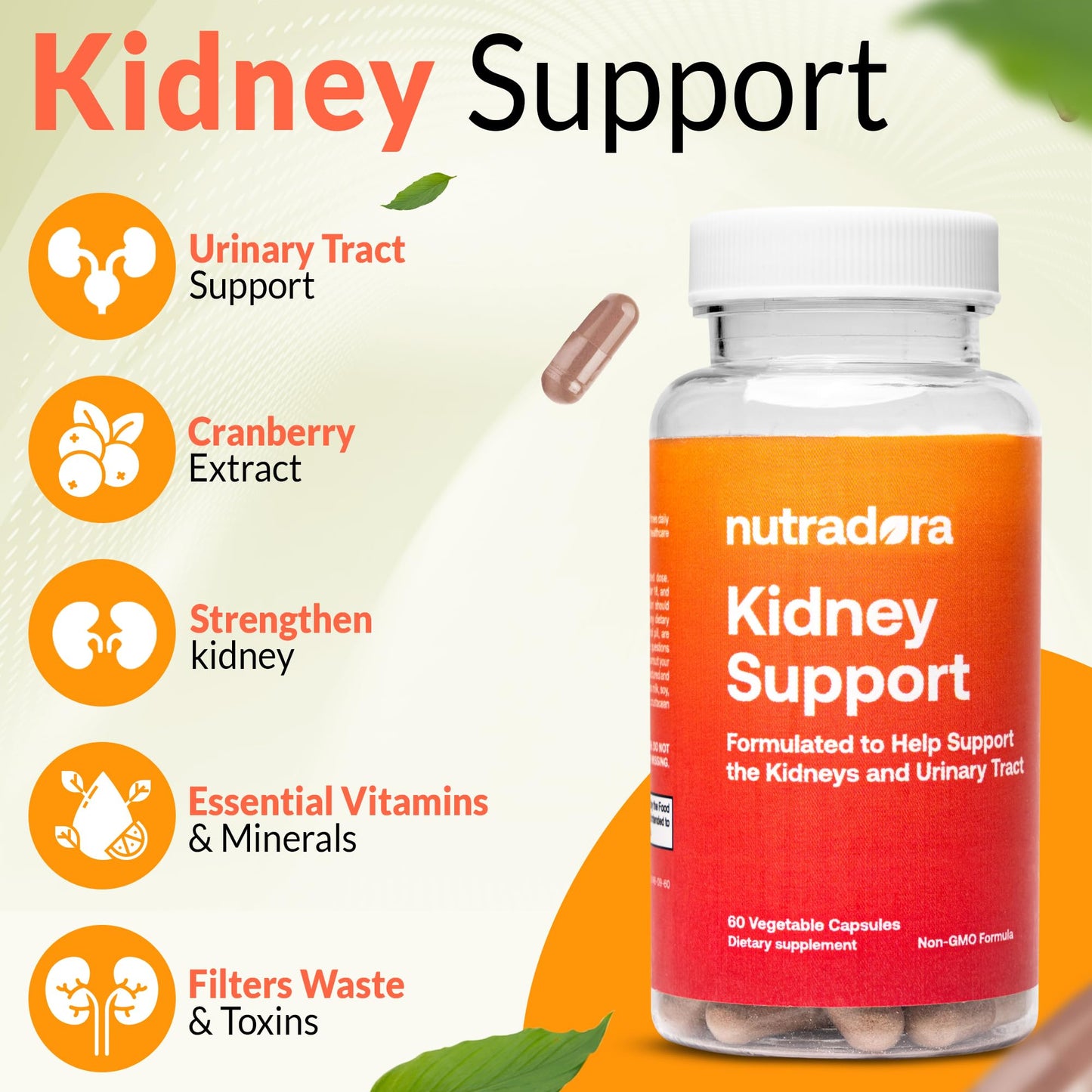 Nutradora Kidney Support Supplements for Women and Men - Natural Kidney Cleanse Detox Formula with Cranberry Extract Helps Support Kidney & Urinary Tract, Formulated in USA, 2 Month Supply, Pack of 1