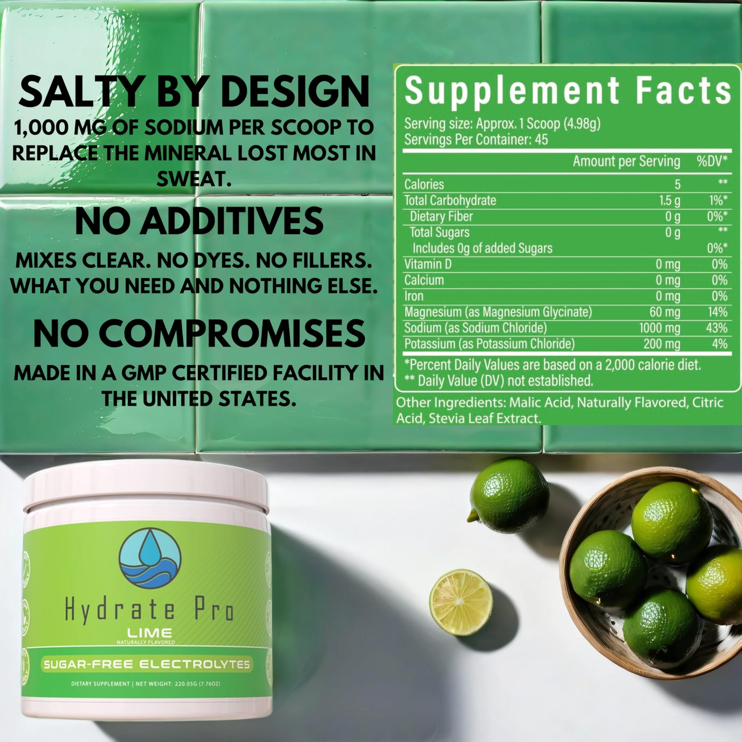 Hydrate Pro Sugar-Free Electrolyte Powder | 1000mg High-Sodium Electrolyte Complex | POTS Support & Keto Flu Prevention | 45 Servings Natural Hydration (Lime)
