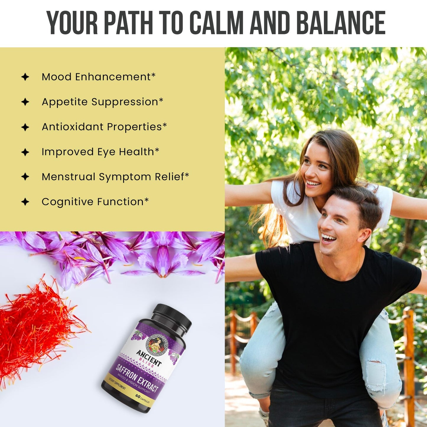 Ancient Bliss Saffron Extract Capsules Mood & Eye Support Supplement, Saffron Extract Appetite Suppressant Weight Management for Women & Men (60 Capsules)