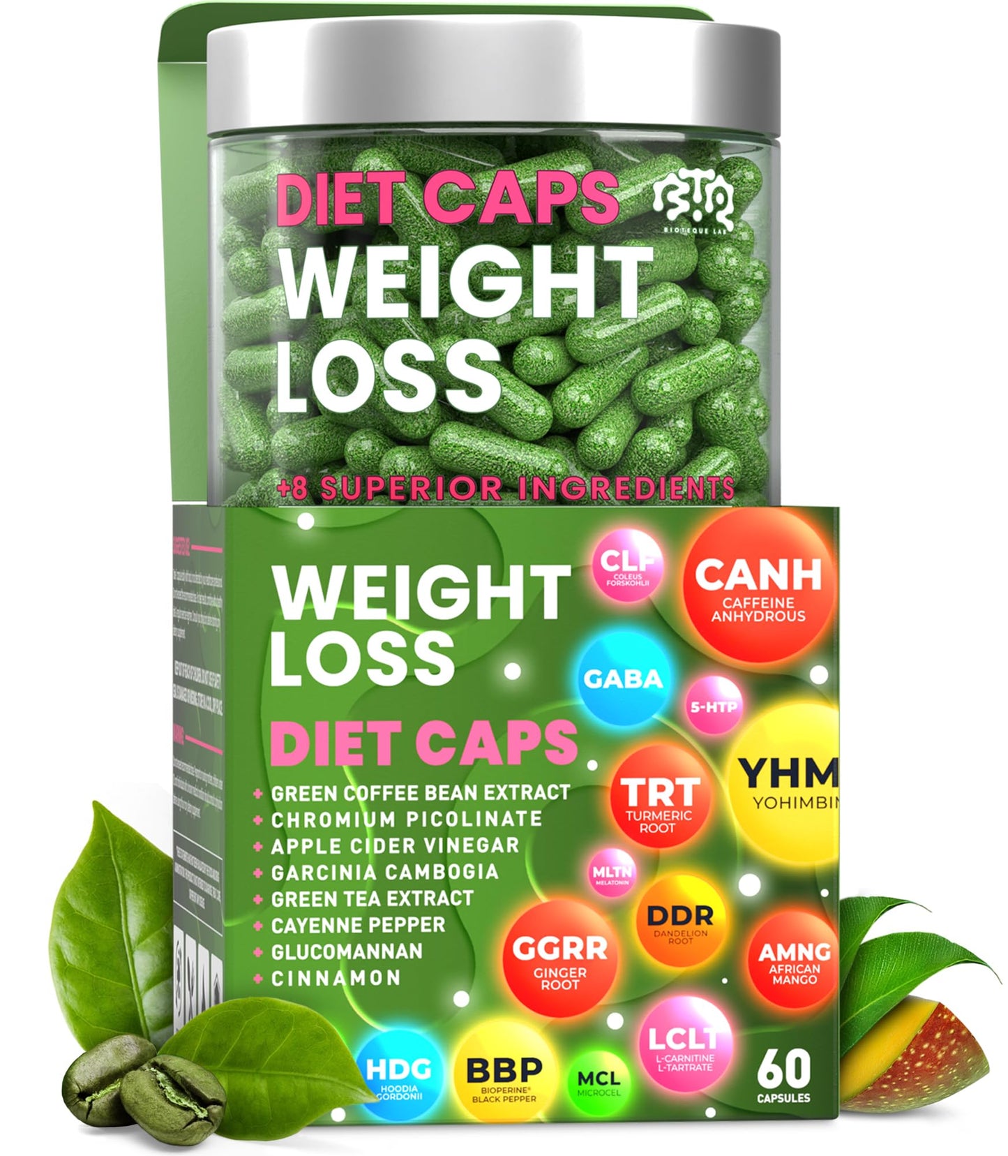 Bioteque Lab Weight Loss Diet Capsules, Natural Appetite Suppressant, Day & Night Fat Burner for Women & Men with Apple Cider, Green Coffee Bean Extract, Metabolism Booster Supplement - 60 Pills