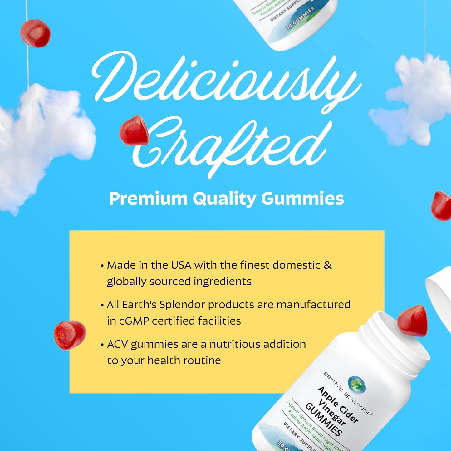 Earth's Splendor Apple Cider Vinegar Gummies - 30 Count - Vegan, Non-GMO, Gluten-Free - Supports Digestive Health, Detox, Immune System & Natural Energy - Delicious Fruity Flavor