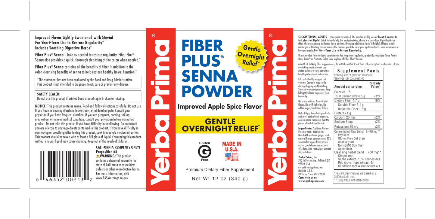 Yerba Prima Fiber Plus Senna Powder, 12 oz (Pack of 1) - Apple Spice Flavor, Gentle Overnight Relief, USA Made, Non-GMO, Stevia Sweetened, Short-Term Use to Restore Regularity