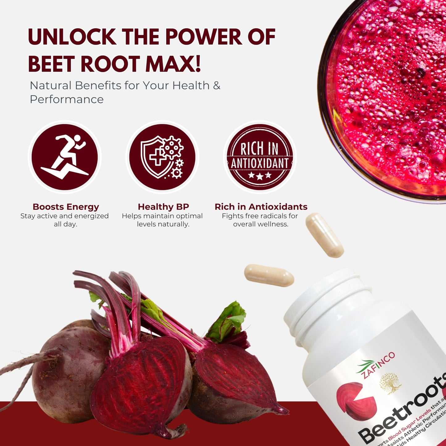 ZAFiNCO Beet Root Max Capsules-1300mg Per Serving - Organic Beet Root Powder Capsules for Mens Health & Supports Nitric Oxide Production, Increase Blood Flow & Super antioxident-60 Count Non-GMO-USA