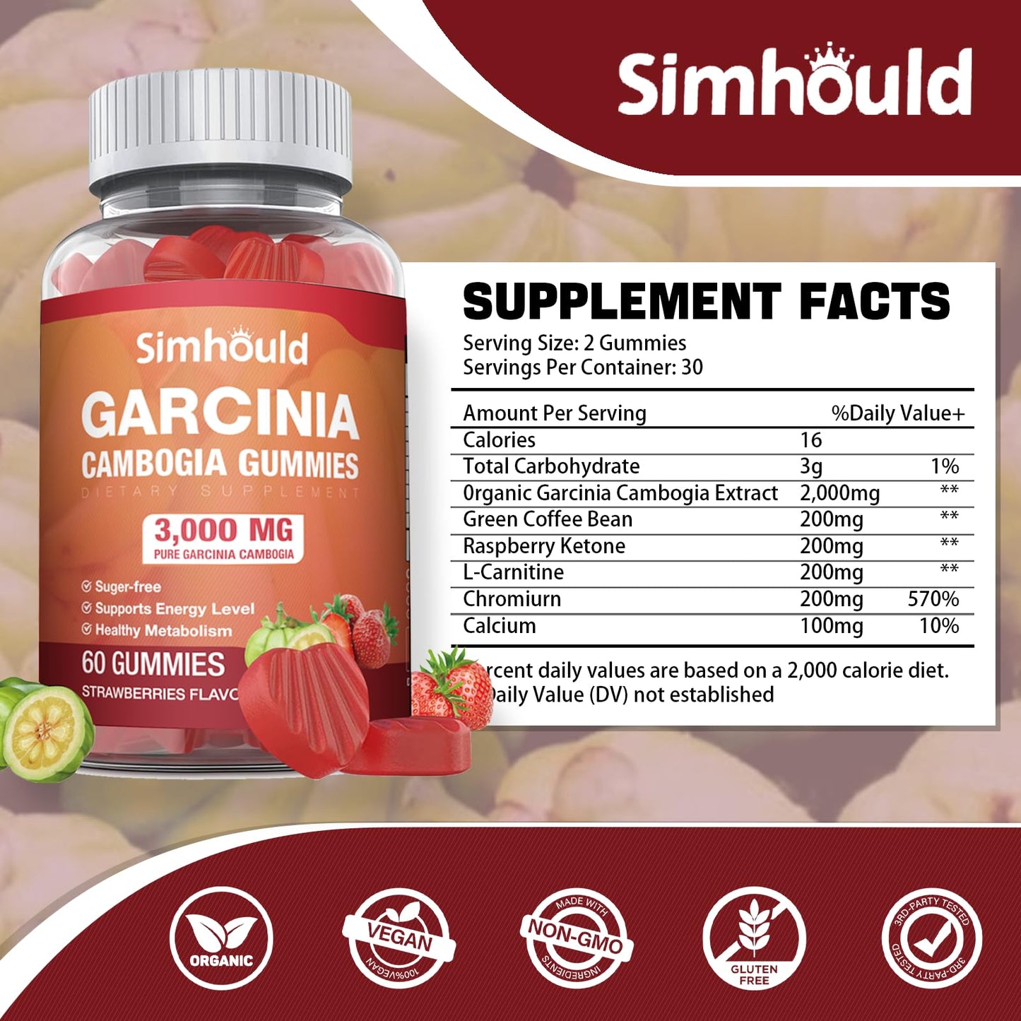 Simhould 2 Pack Sugar Free Garcinia Cambogia Gummies - 3000mg 95% HCA with L-Carnitine, Energy Boost, Strawberry Flavor Gummy Easier to Take Than Pills & Capsules 120 Counts