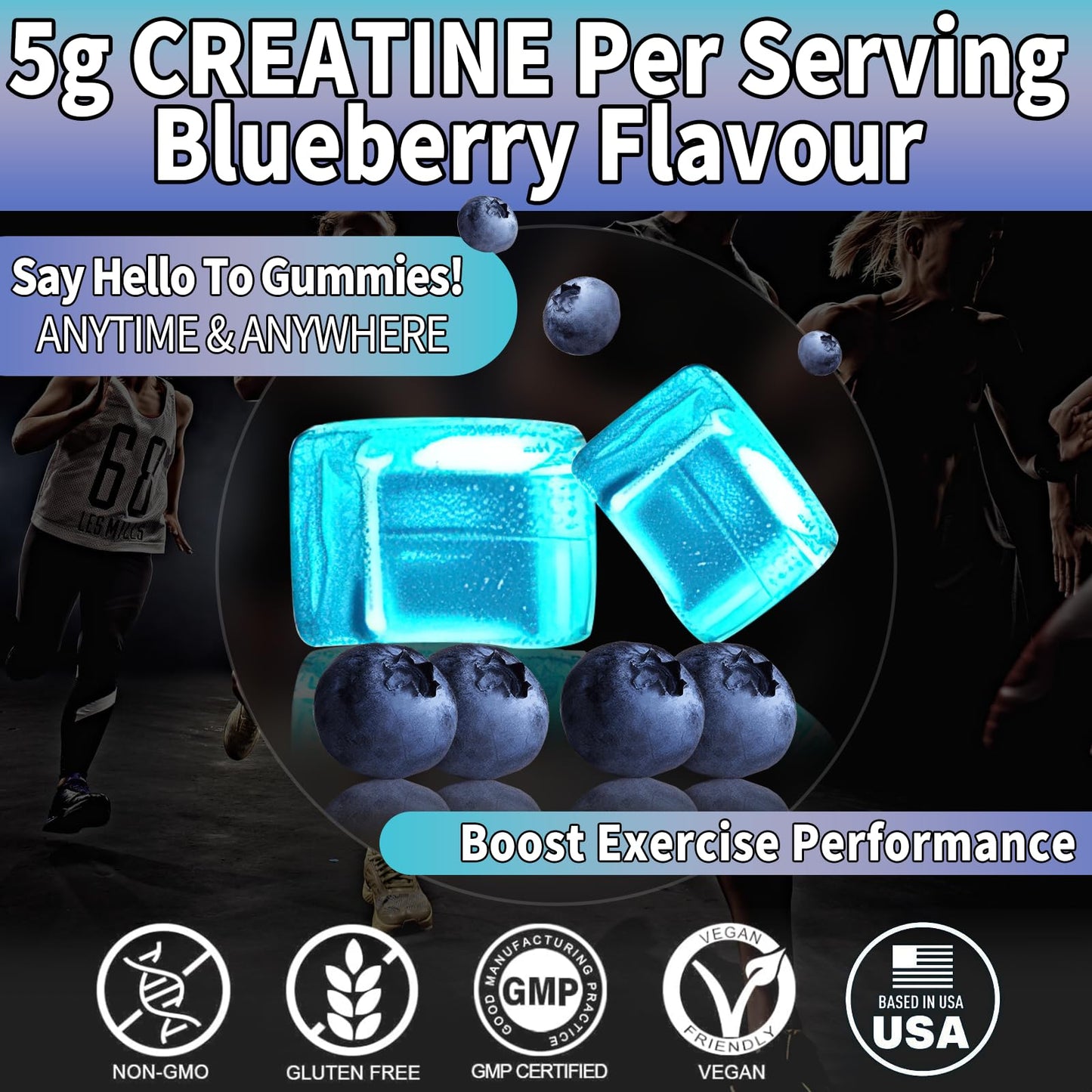 (2Pack，120 Count) Creatine Monohydrate Gummies for Men & Women 5000mg, Chewable Creatine Monohydrate with W/L-Taurine + Vitamin B12 for Muscle Support, Energy Boost - Sugar Free,Vegan (Blueberry)