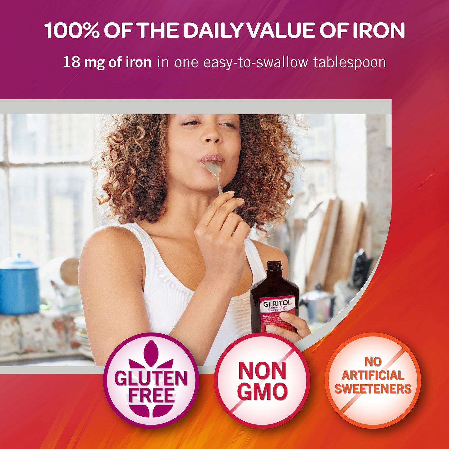 Geritol, Liquid Vitamin and Iron Supplement, Energy Support, Contains High Potency B-Vitamins and Iron, Pleasant Tasting, Easy to Swallow, No Artificial Sweeteners, Non-GMO, 12 Oz