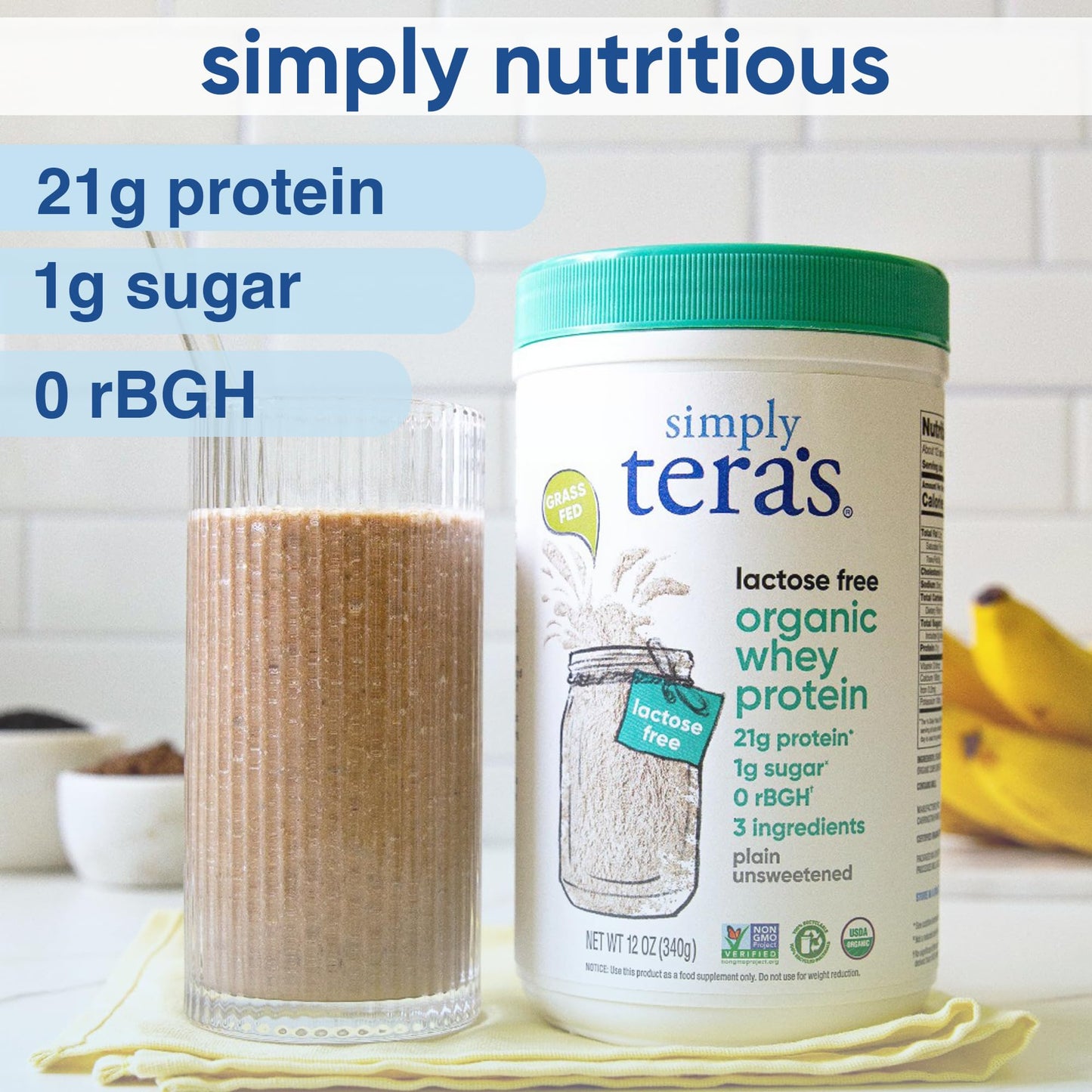 Simply tera's Lactose Free Organic Whey Protein - Unflavored Protein Powder, Plain Tasteless Protein Powder with 21g of Protein Per Serving, Non-GMO, Gluten-Free, rBGH-Free, Kosher, Organic - 12 Oz