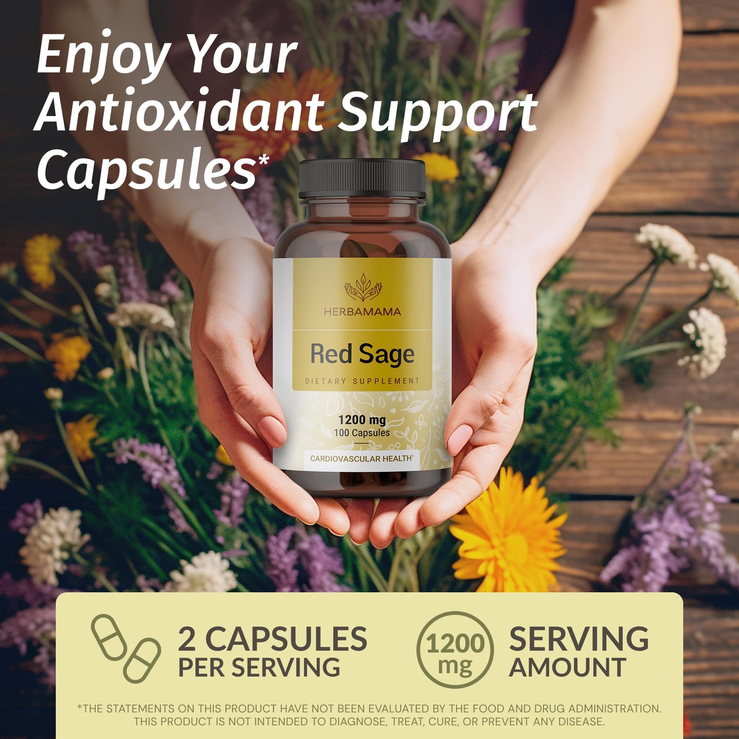 HERBAMAMA Red Sage Capsules - 1200mg Red Sage Root (Dan Shen) for Liver Detox & Antioxidant Support - Vegan, Non-GMO Salvia Miltiorrhiza Antioxidant Supplement, 100 Caps