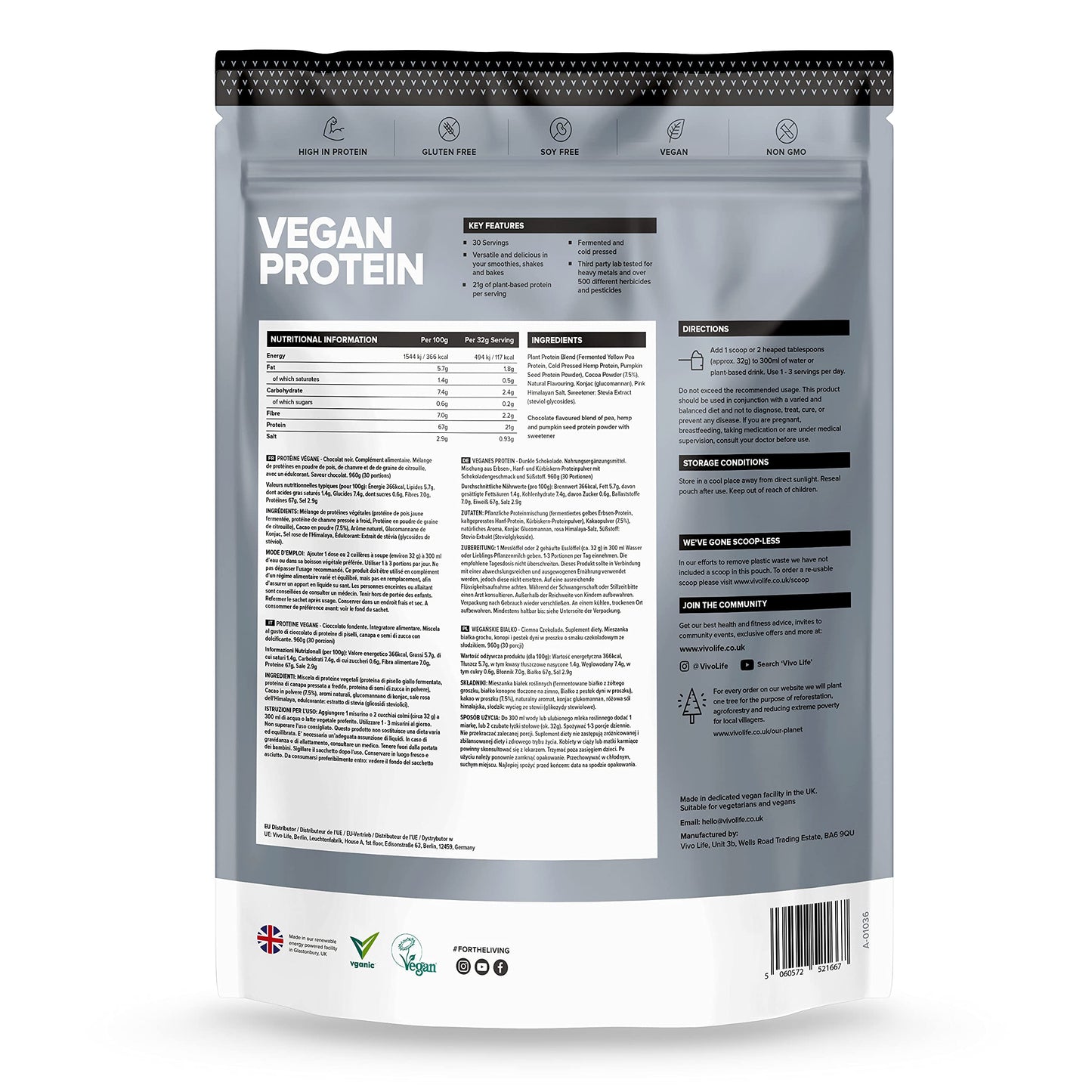 VIVO Vegan Protein Powder - 0.7 oz of Plant-Based Protein per Scoop, 30 Servings (33.8 oz) (Dark Chocolate)