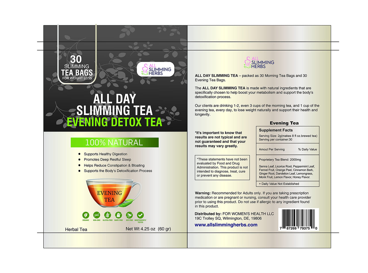 ALL SLIMMING HERBS All Day Slimming Tea For Weight Loss - All Natural 30 Days Detox Tea That Flattens Tummy - Daytime Energy Boost Tea 30 Bag+ Evening Detox Tea 30 Bag