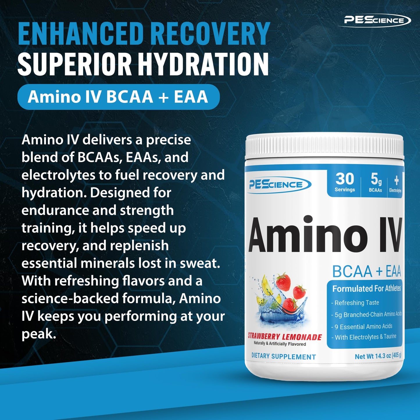 PEScience Amino IV BCAA & EAA Powder, Strawberry Lemonade, 60 Scoop, Essential Amino Acids, Taurine, Electrolytes for Hydration and Muscle Recovery, Sugar Free for Men & Women, Post Workout