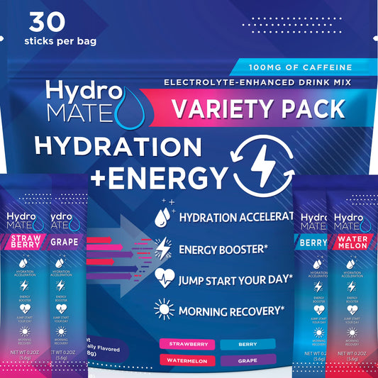 HydroMATE Electrolytes Powder Drink Mix Packets Hydration Accelerator Low Sugar Party Favors for Rapid Recovery Vitamin C Plus Caffeine Variety Pack - 30 Count