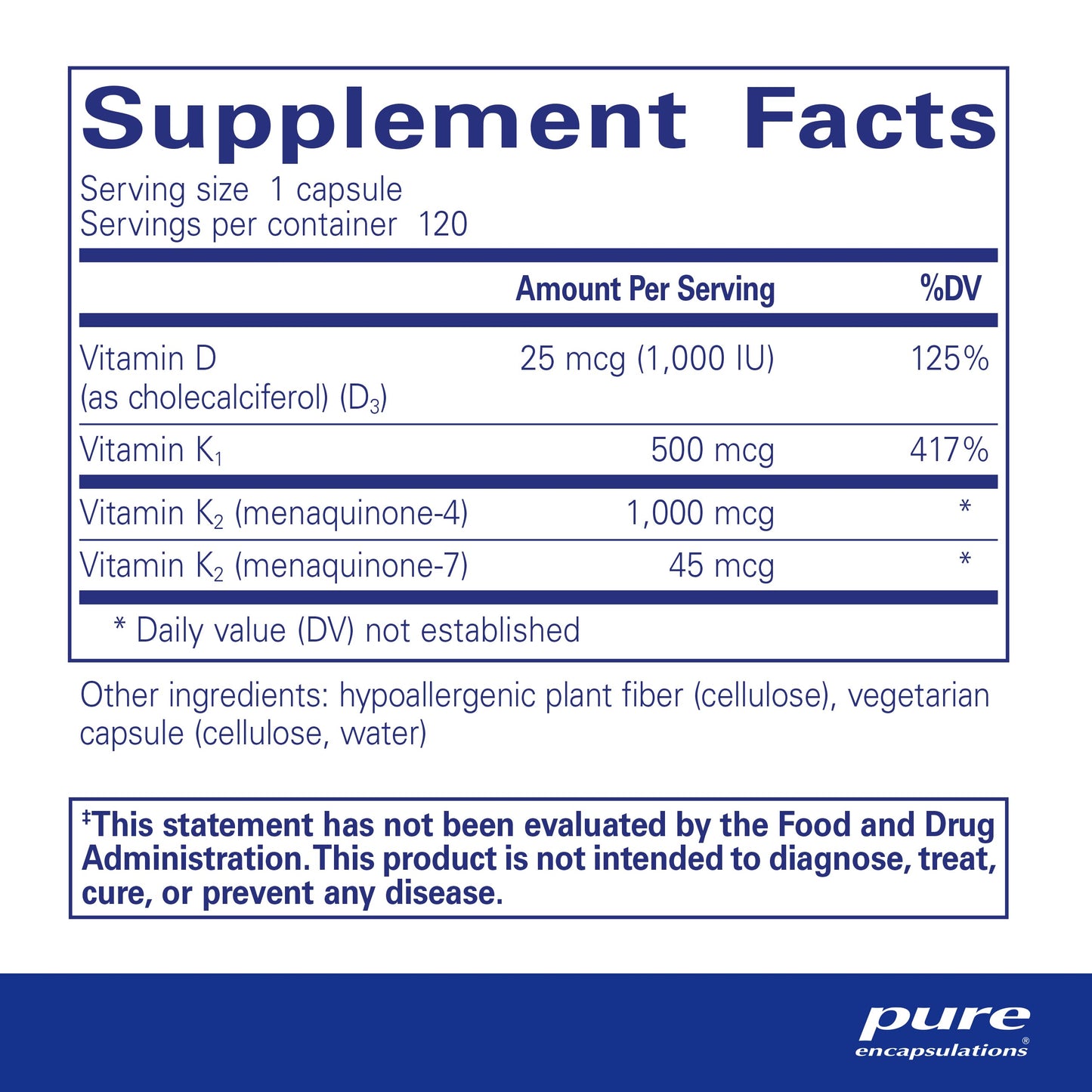 Pure Encapsulations Synergy K - with Vitamin K1, K2 & D3 - Supports Bones, Blood Vessels, Vascular Elasticity & Calcium Utilization* - Includes Cholecalciferol - Gluten Free & Non-GMO - 120 Capsules