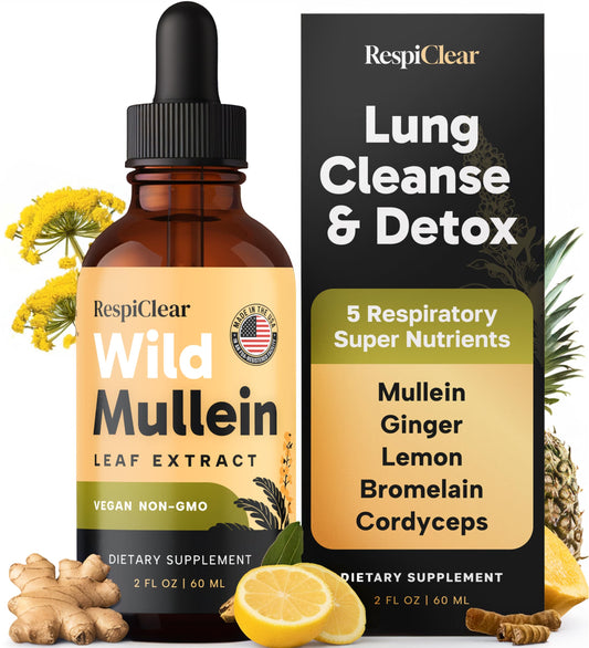 All-Natural Mullein Drops with Ginger & Lemon for Lung Cleanse and Detox, Mullein Leaf Extract for Respiratory Lung Health & Detox for Smokers, 1.2 oz Dropper