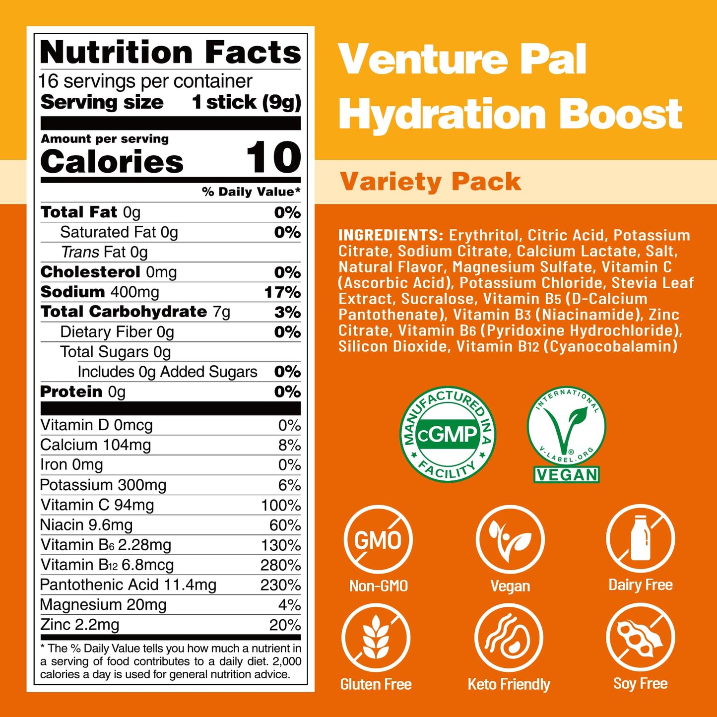 Venture Pal Sugar Free Electrolyte Powder Packets - Liquid Daily IV Hydration Packets | Electrolytes Drink Mix with 5 Vitamins & 7 Electrolytes | Keto Friendly | Non-GMO | Certified Vegan | 16 Sticks