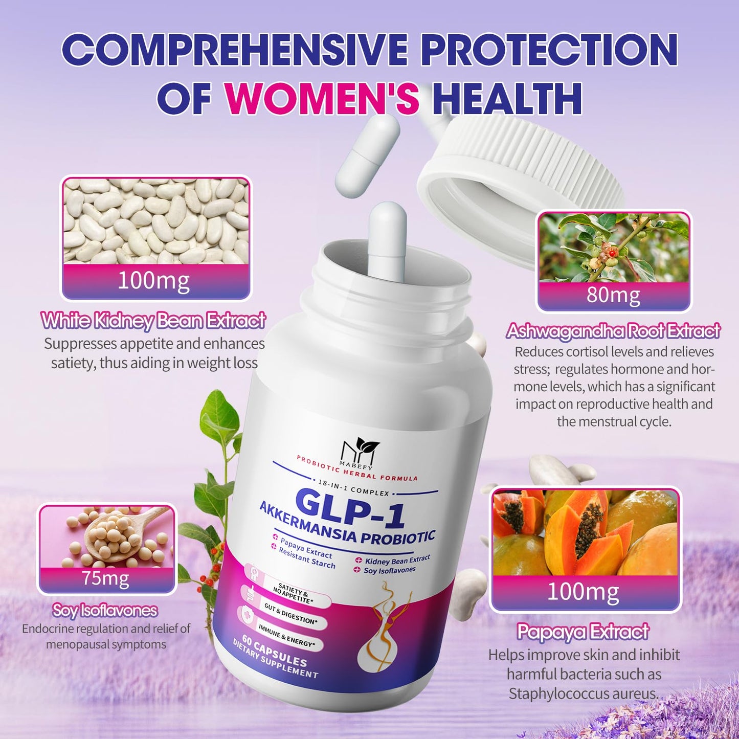 MABEFY 2 Pack Akkermansia Probiotic Supplement for Women & Men, Natural Prebiotics for Digestive, Gut Health, Energy, Overall Health, Digestive Supplement with Soy lsoflavones, Bromelain, 60 Capsules