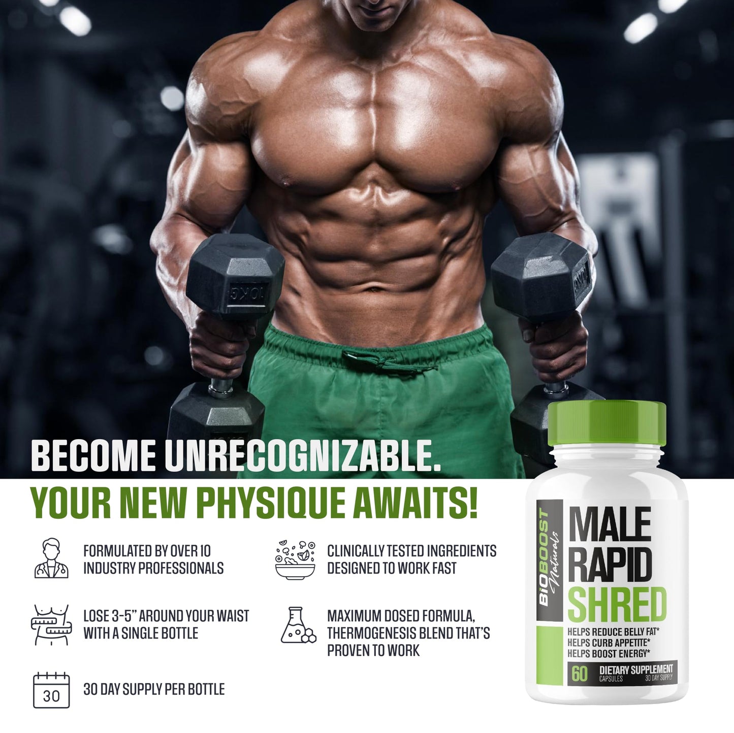 Rapid Shred | Fat Burner for Men Weight Loss Pills | Appetite Suppressant, Metabolism Booster, Carb Blocker | Extra Strength Supplement | Extra Strength Slimming Weight Loss Diet Pills - 60 Capsules
