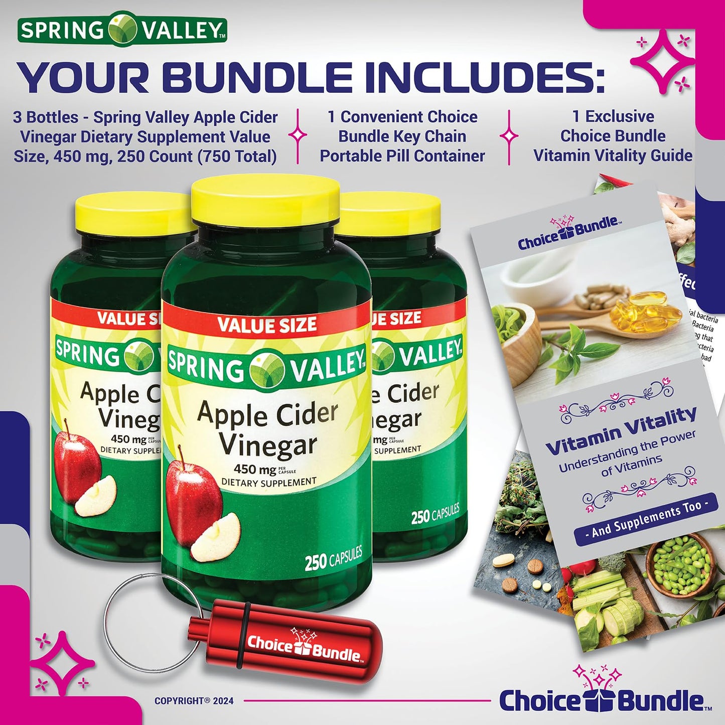 Choice Bundle Spring Valley Apple Cider Vinegar Capsules 450 mg Dietary Supplement 250 Ct 3 pk (750 Total) + Vitamin Guide and Pill Container (5 Items)!
